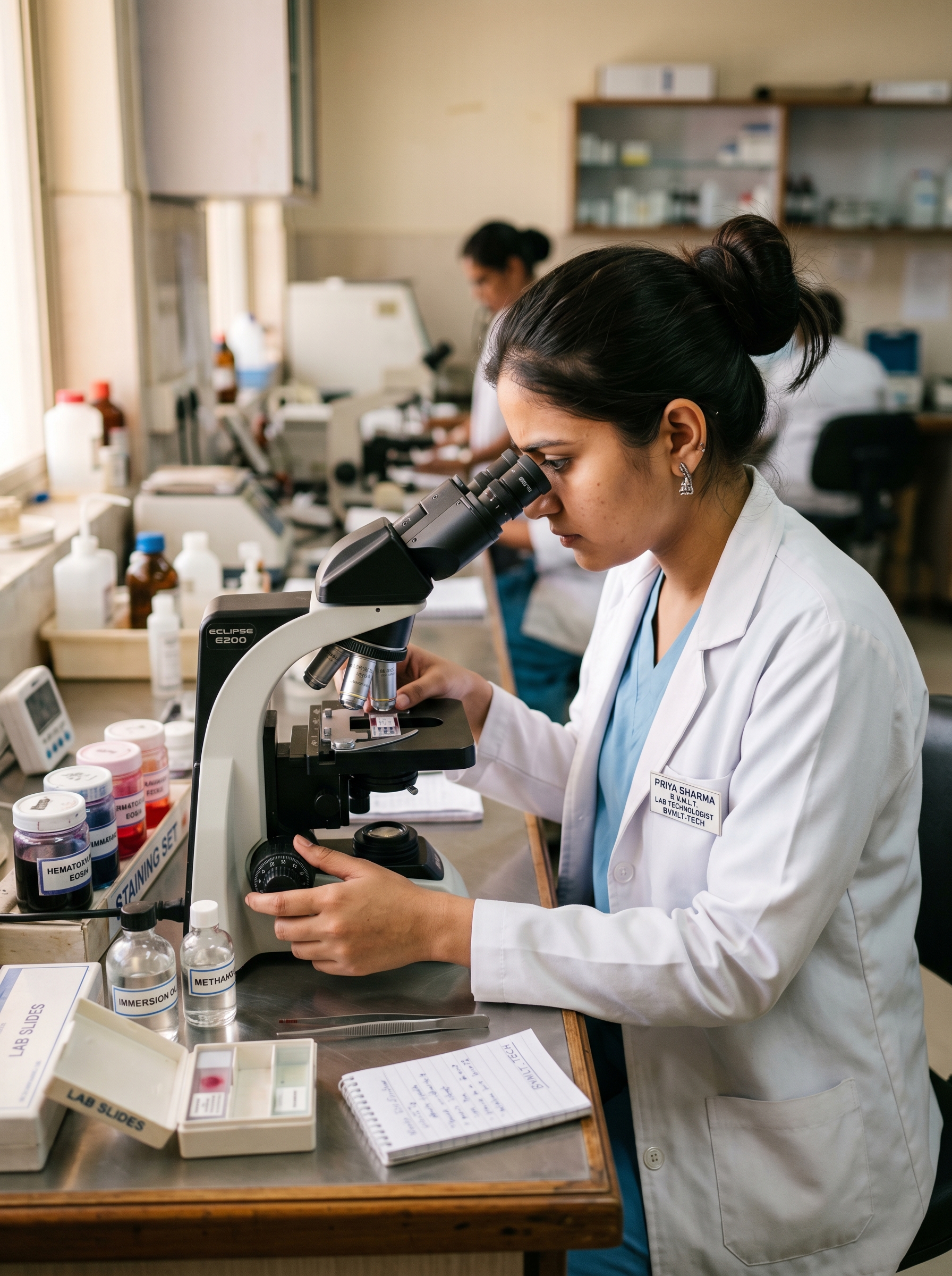 Lab technologist using microscope